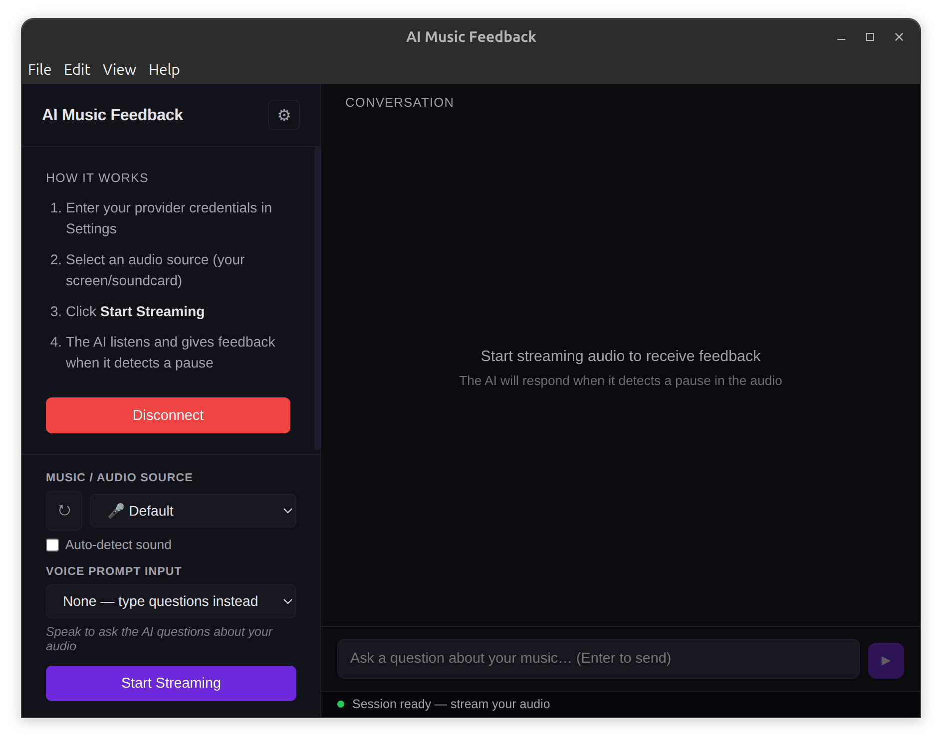 AI Music Feedback desktop app showing audio source selection, streaming controls, and live AI conversation transcript