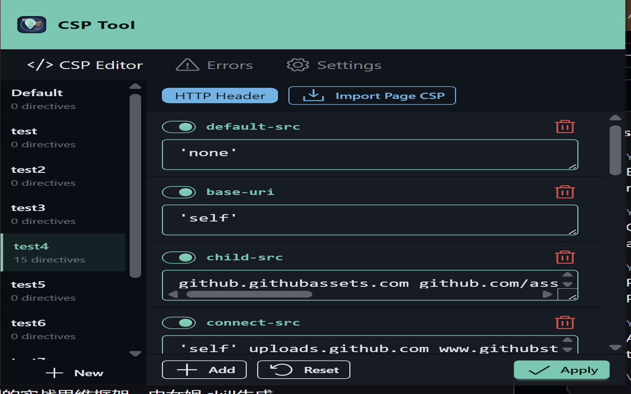 CSP Tool popup showing the CSP Editor tab with configuration ribbon and directive list