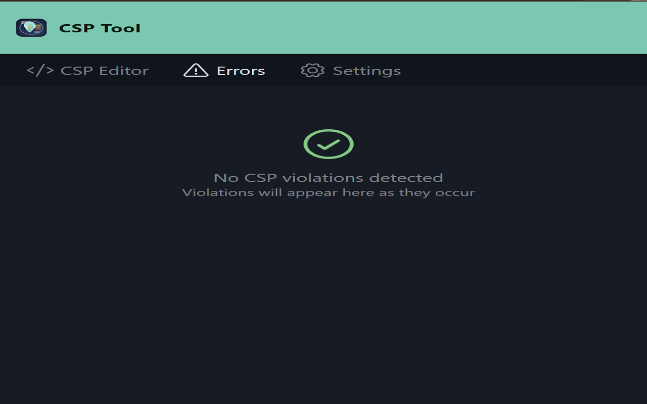 CSP Tool Errors tab displaying the empty violations state