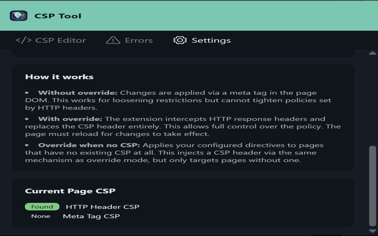 CSP Tool Settings tab showing current page HTTP and meta CSP status