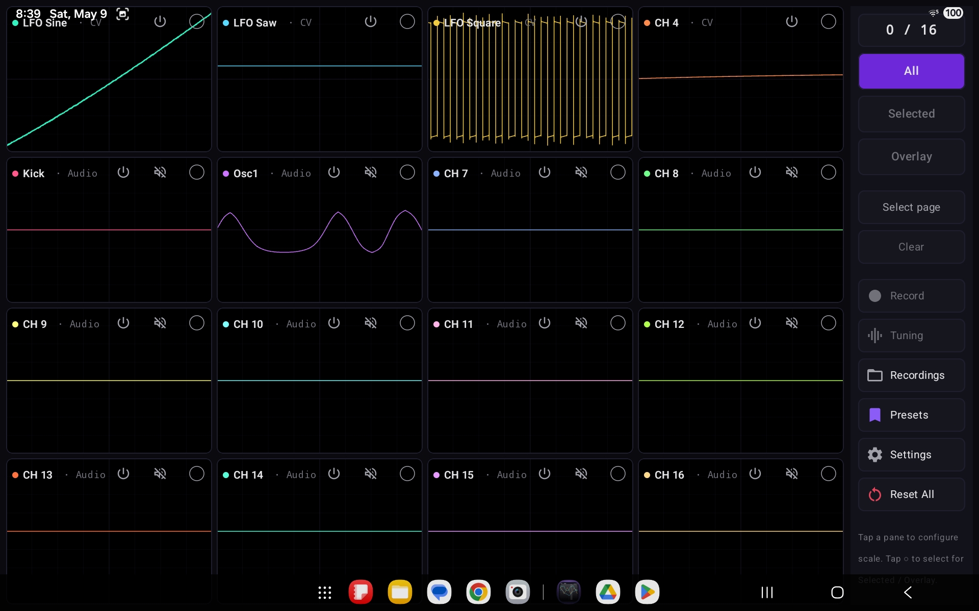 CVOsc on Android showing the 16-channel oscilloscope grid and control sidebar