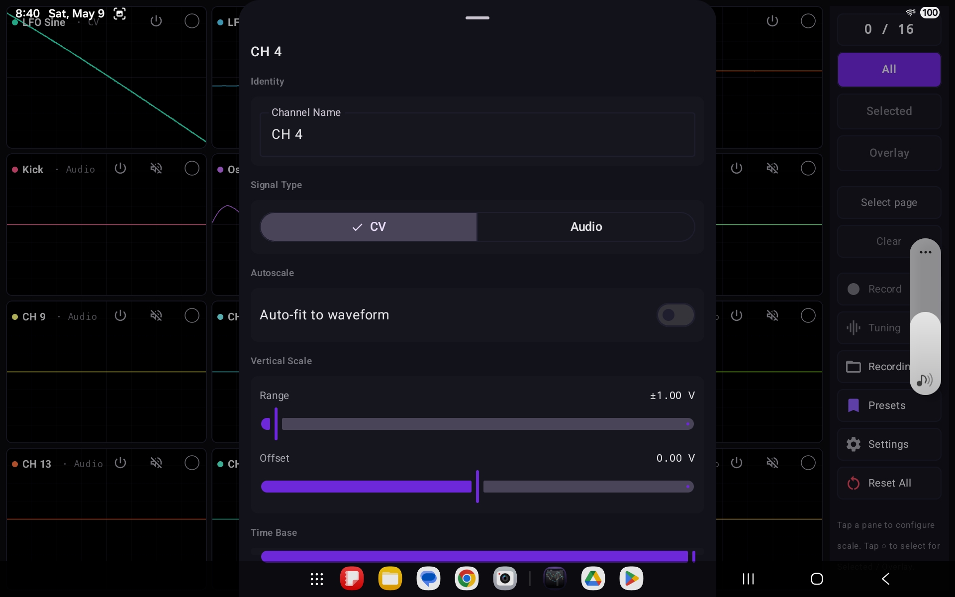 CVOsc Android channel settings with CV/Audio signal type, autoscale, range, offset, and time base