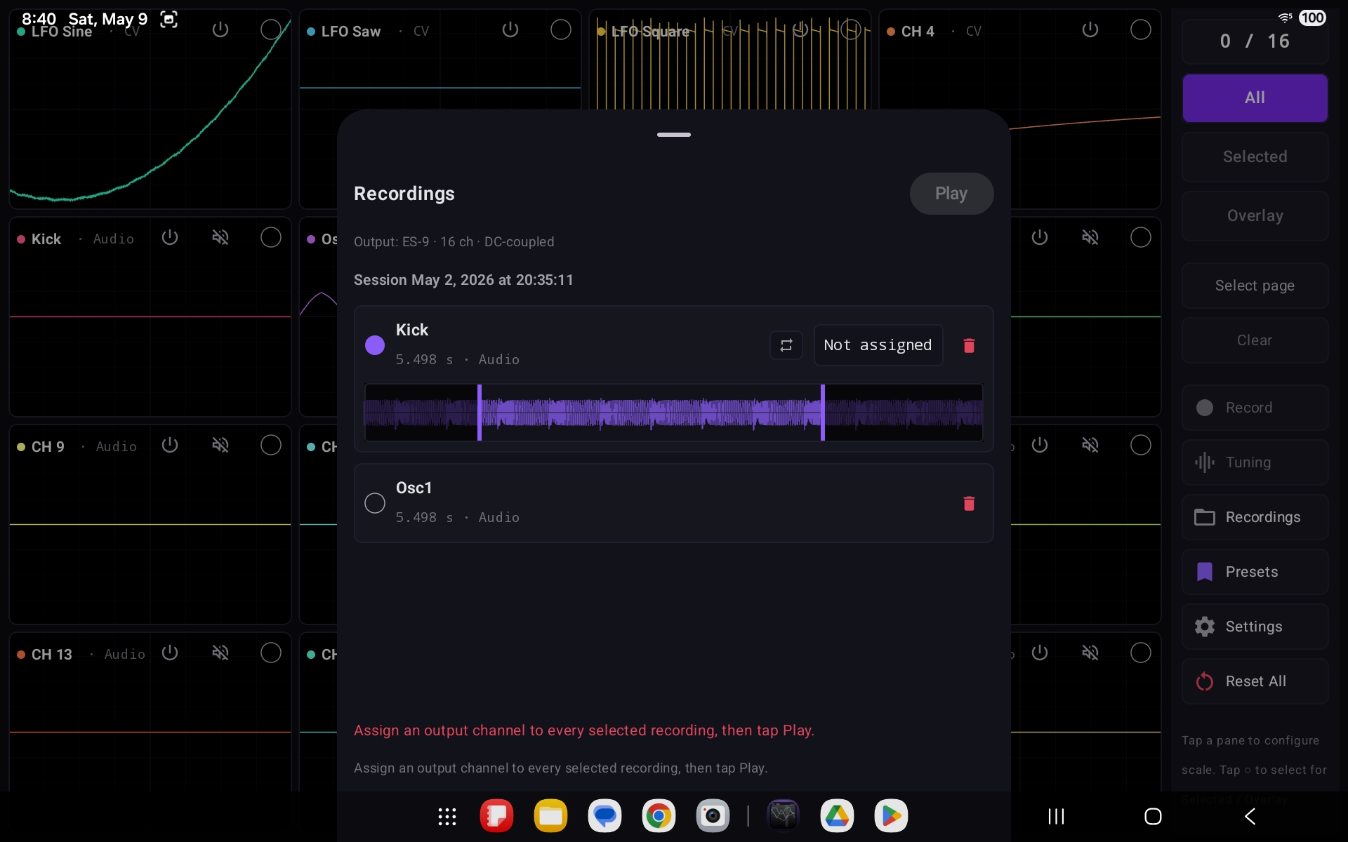 CVOsc Android recordings panel showing an ES-9 DC-coupled output and captured channels