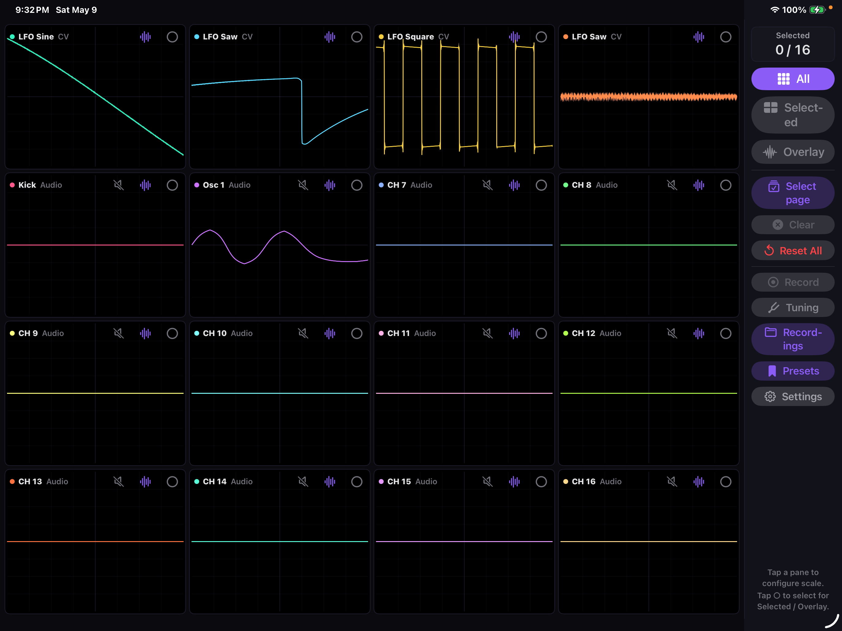 CVOsc on iPad showing a 16-channel oscilloscope grid with CV and audio waveforms