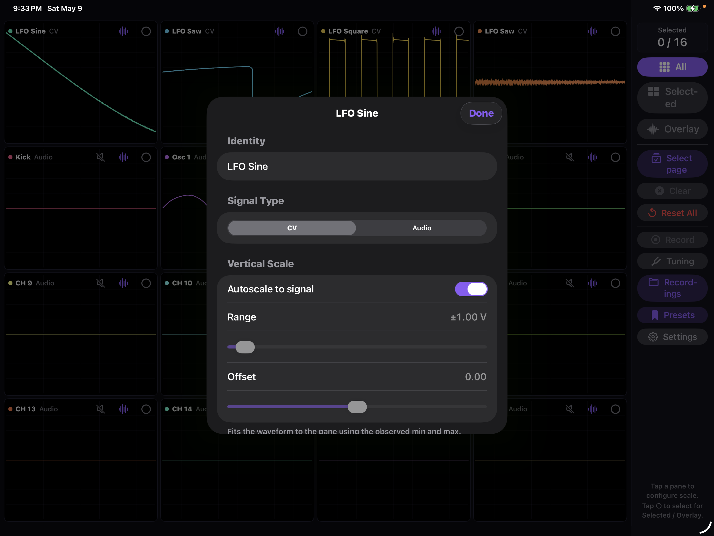 CVOsc iOS per-channel configuration sheet with signal type, range, and offset controls