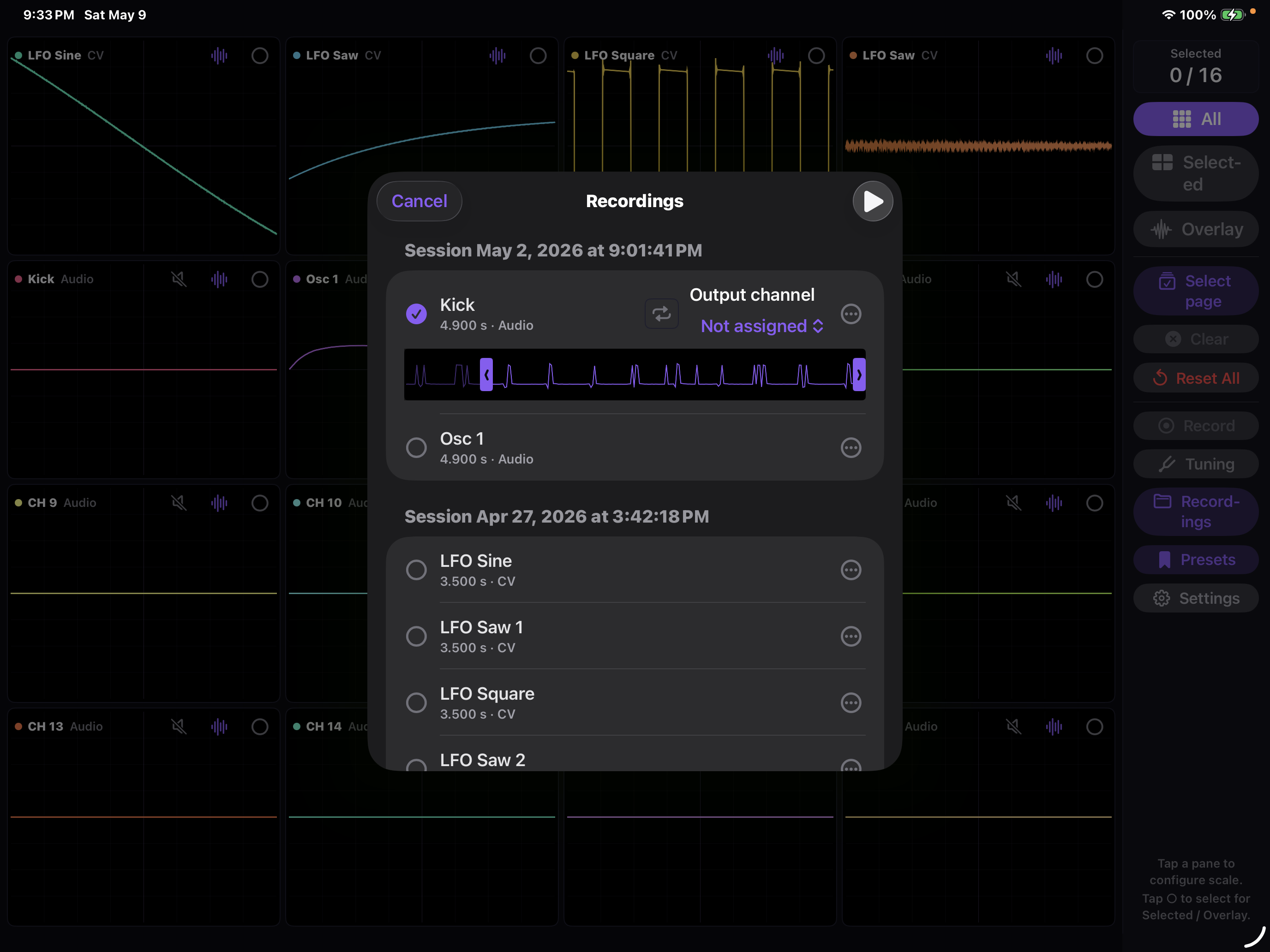 CVOsc iOS recordings panel listing captured per-channel sessions for playback