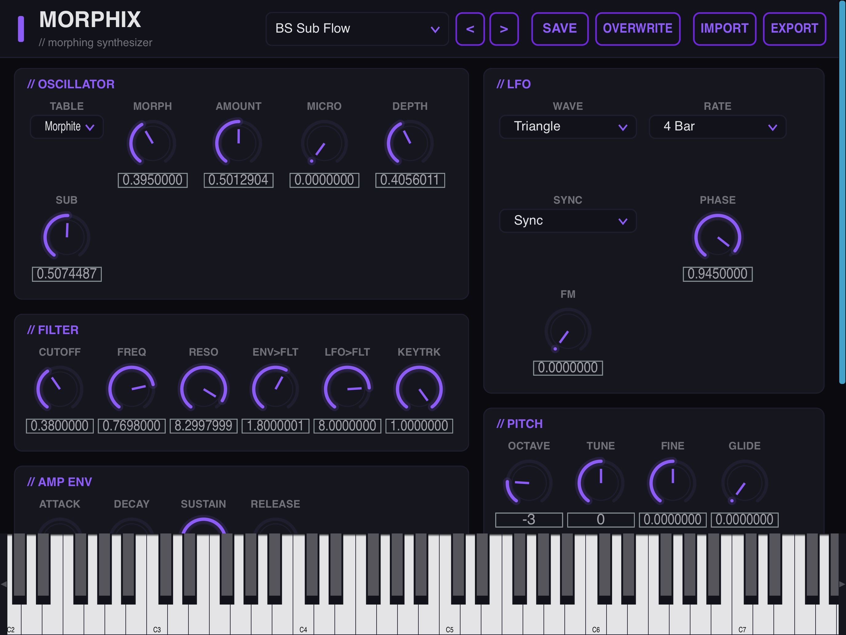 Morphix on iPad showing the oscillator, LFO, filter, and pitch sections