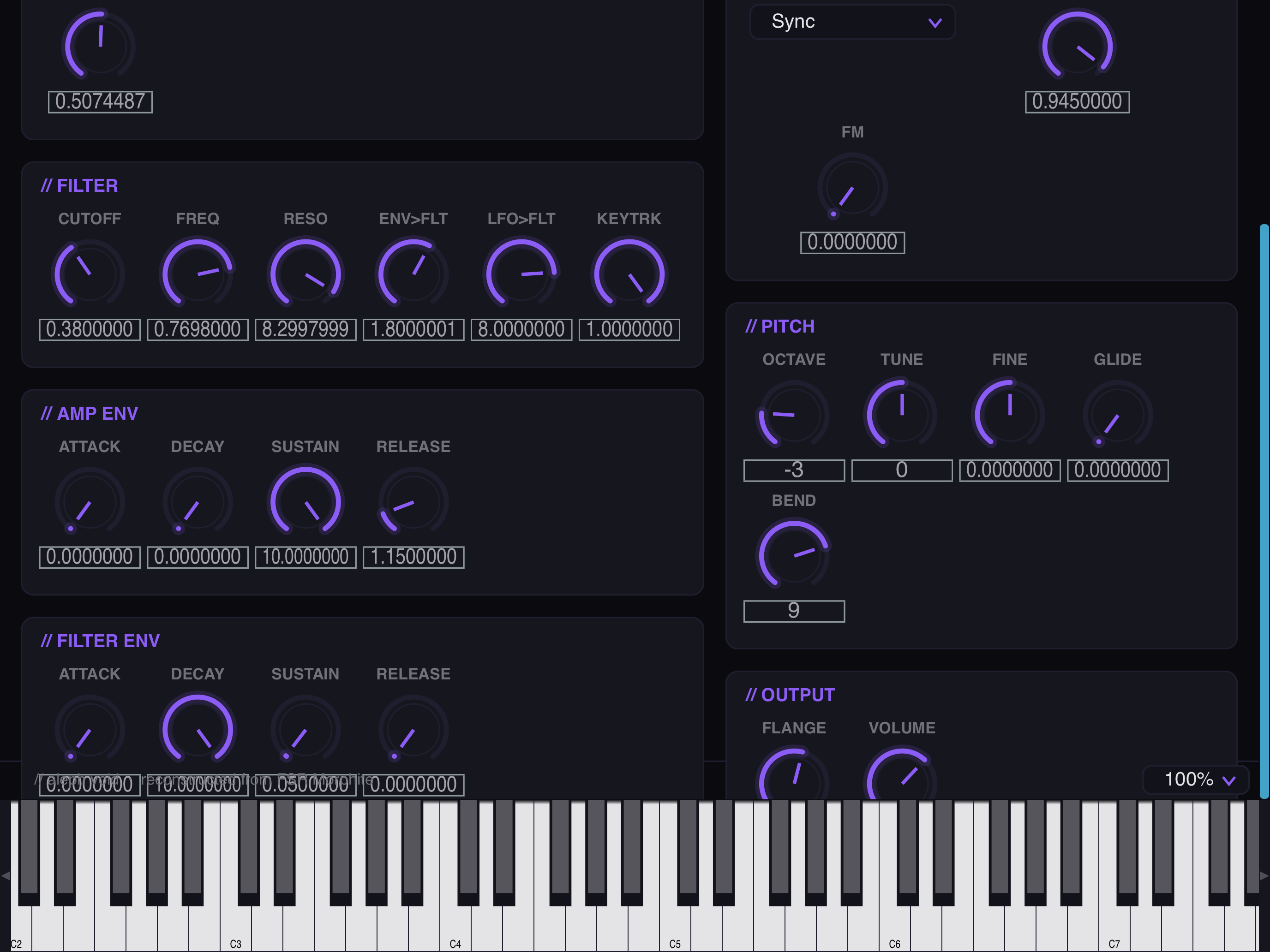 Morphix on iPad showing the amp and filter envelopes, pitch, and output sections over the keyboard