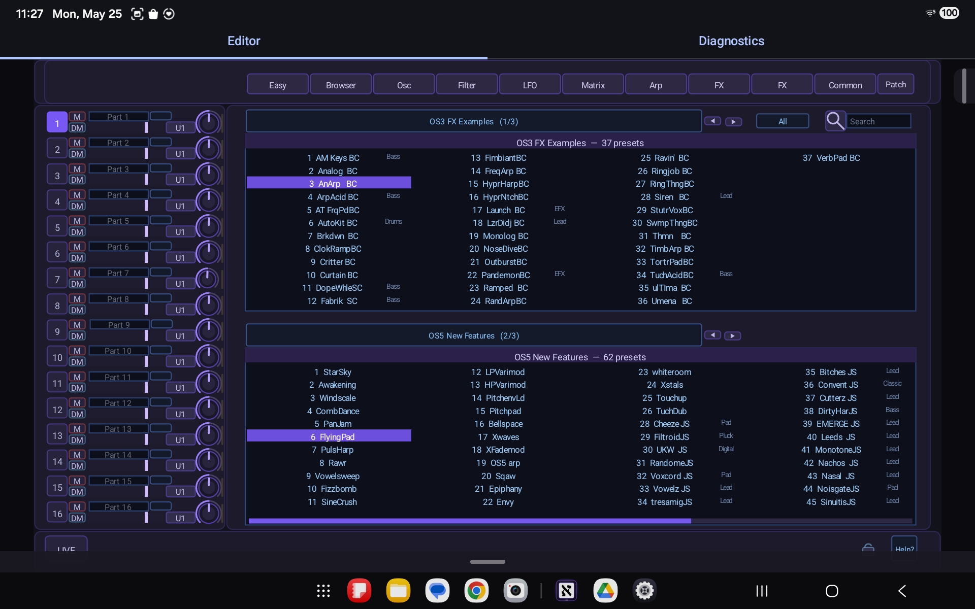 Aleph Virux preset browser in the Android control app