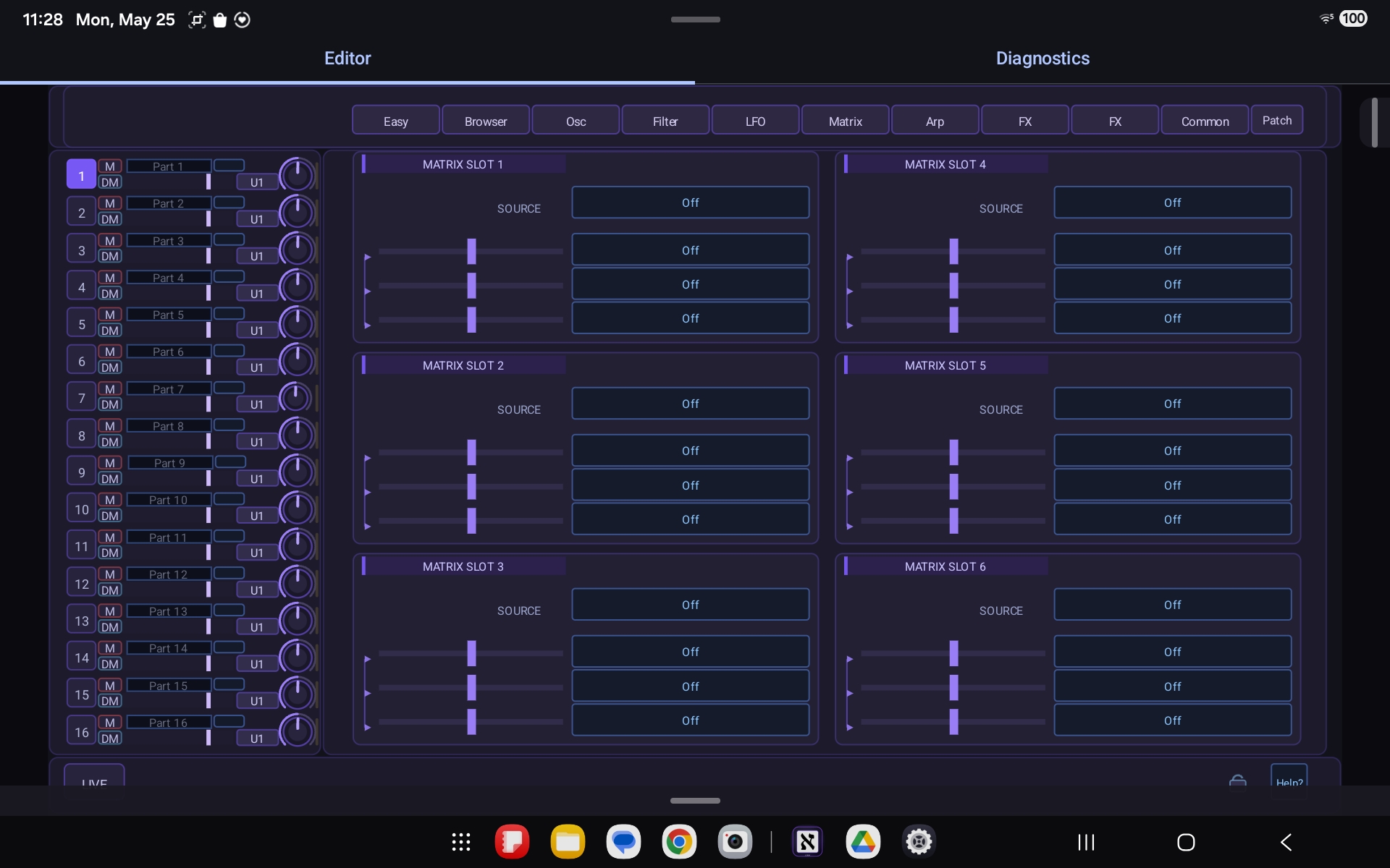 Aleph Virux modulation matrix page on Android