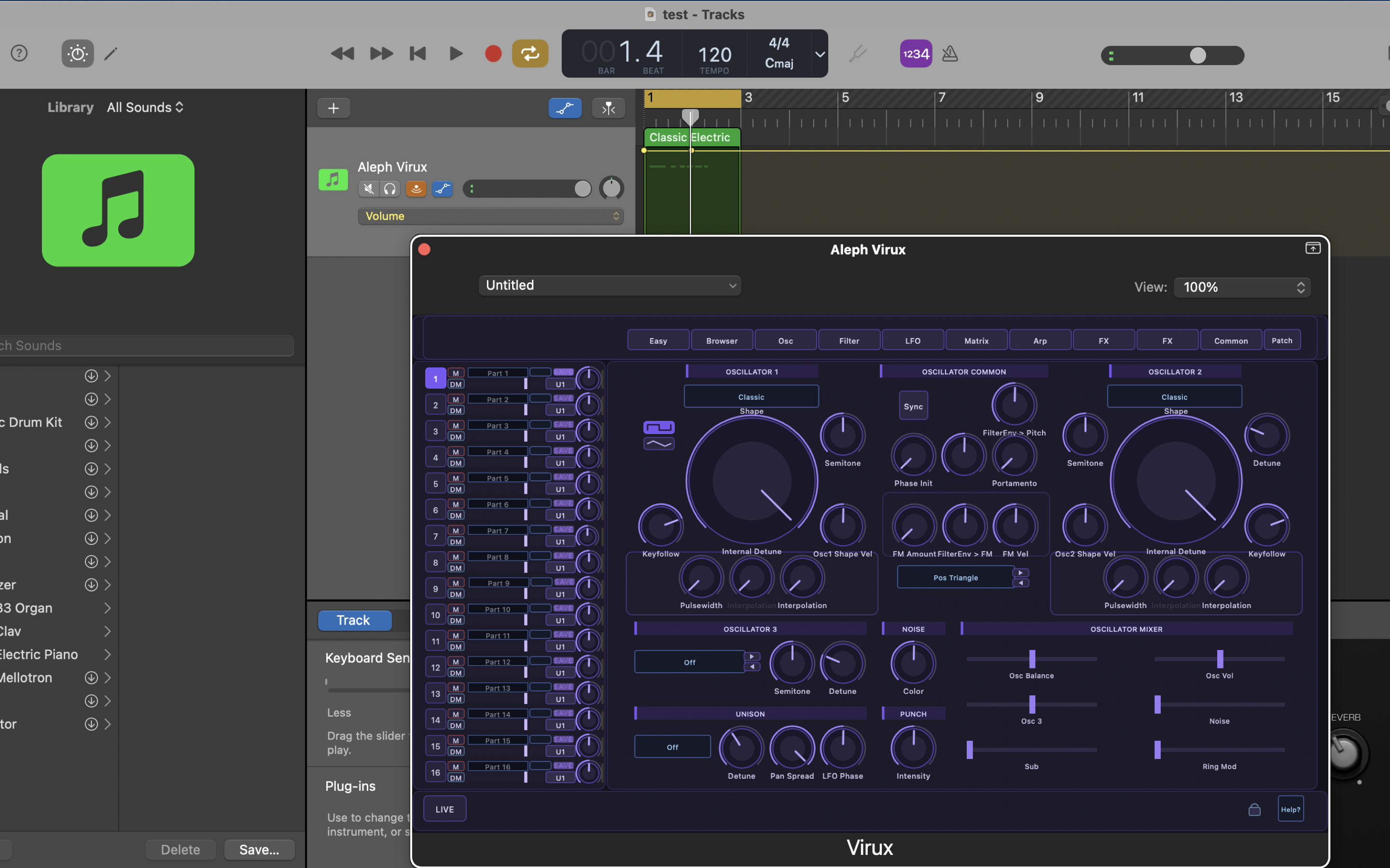 Aleph Virux oscillator edit page running as an AUv3 plugin on macOS