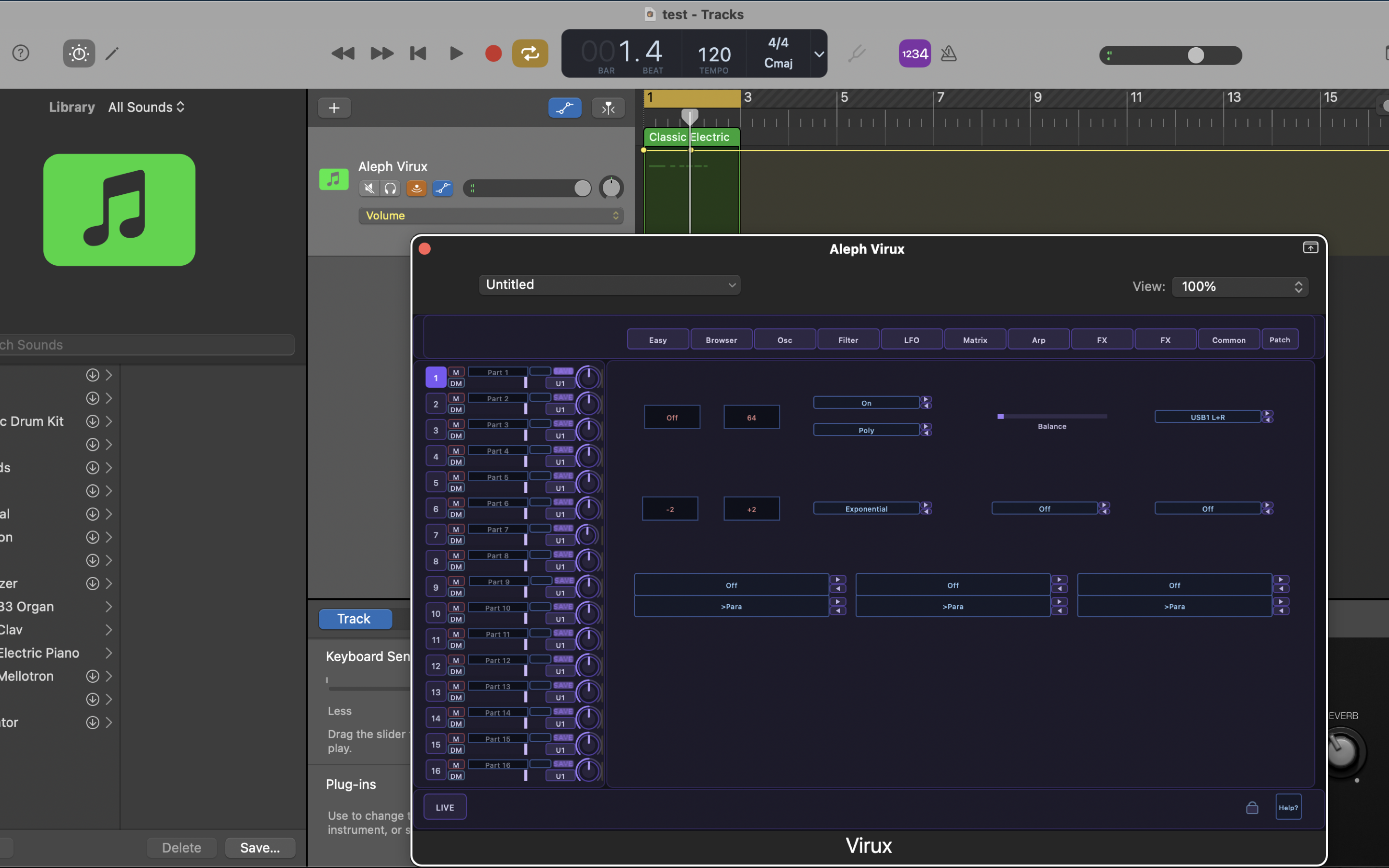 Aleph Virux modulation matrix page on macOS