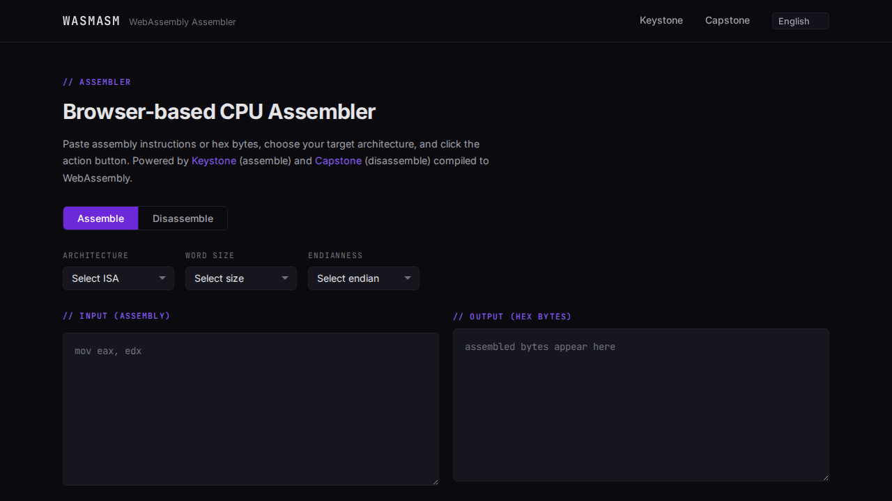 WASMASM assembler interface showing x86 assembly input and hex output
