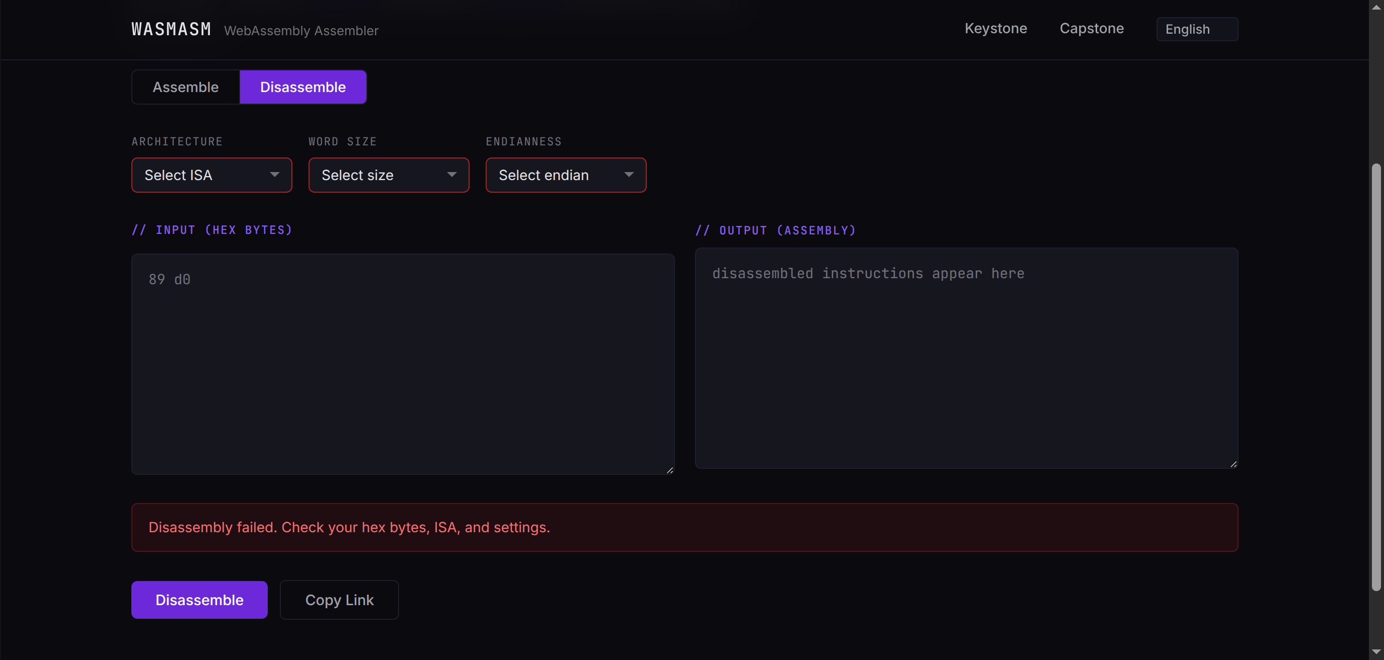 WASMASM disassembler interface showing hex input and decoded instructions